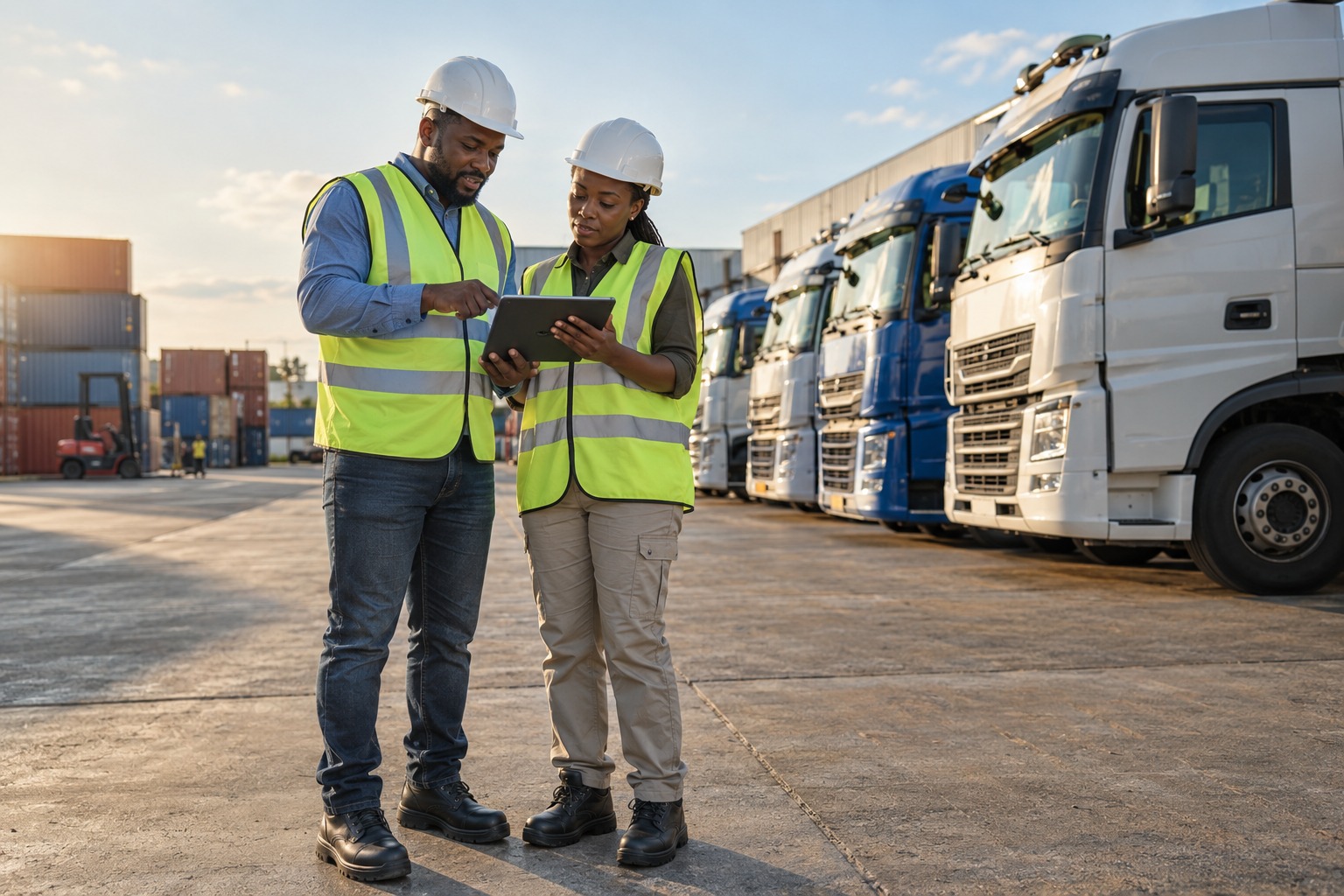 Équipe logistique sur un parc de camions — illustration