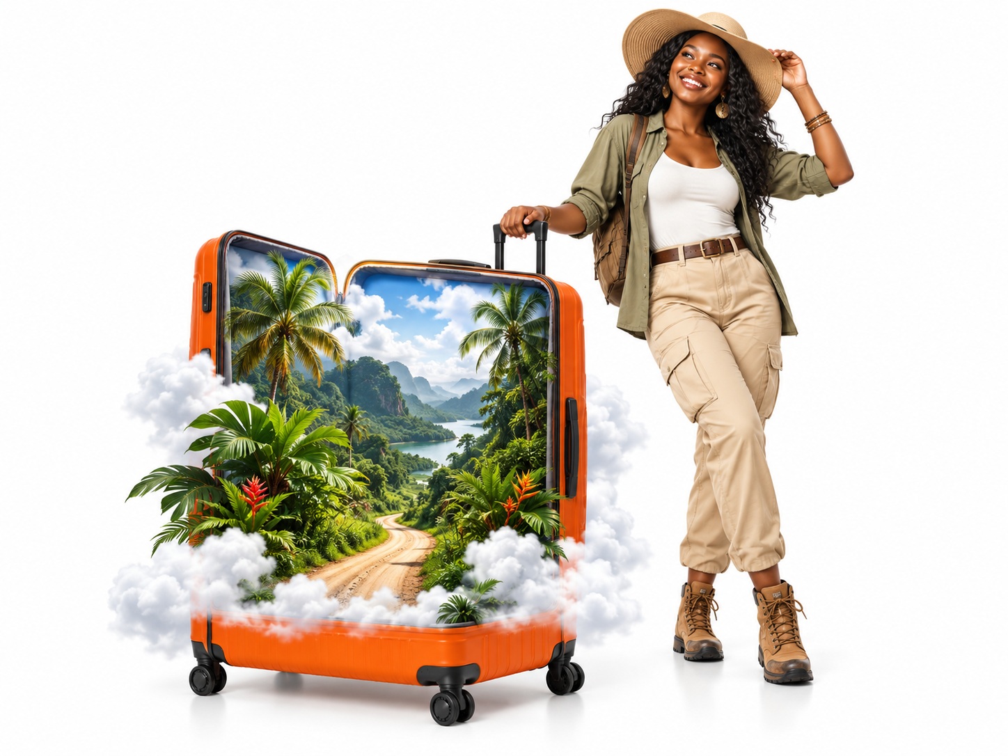 Illustration — voyageuse africaine joyeuse et valise ouverte sur une route forestière